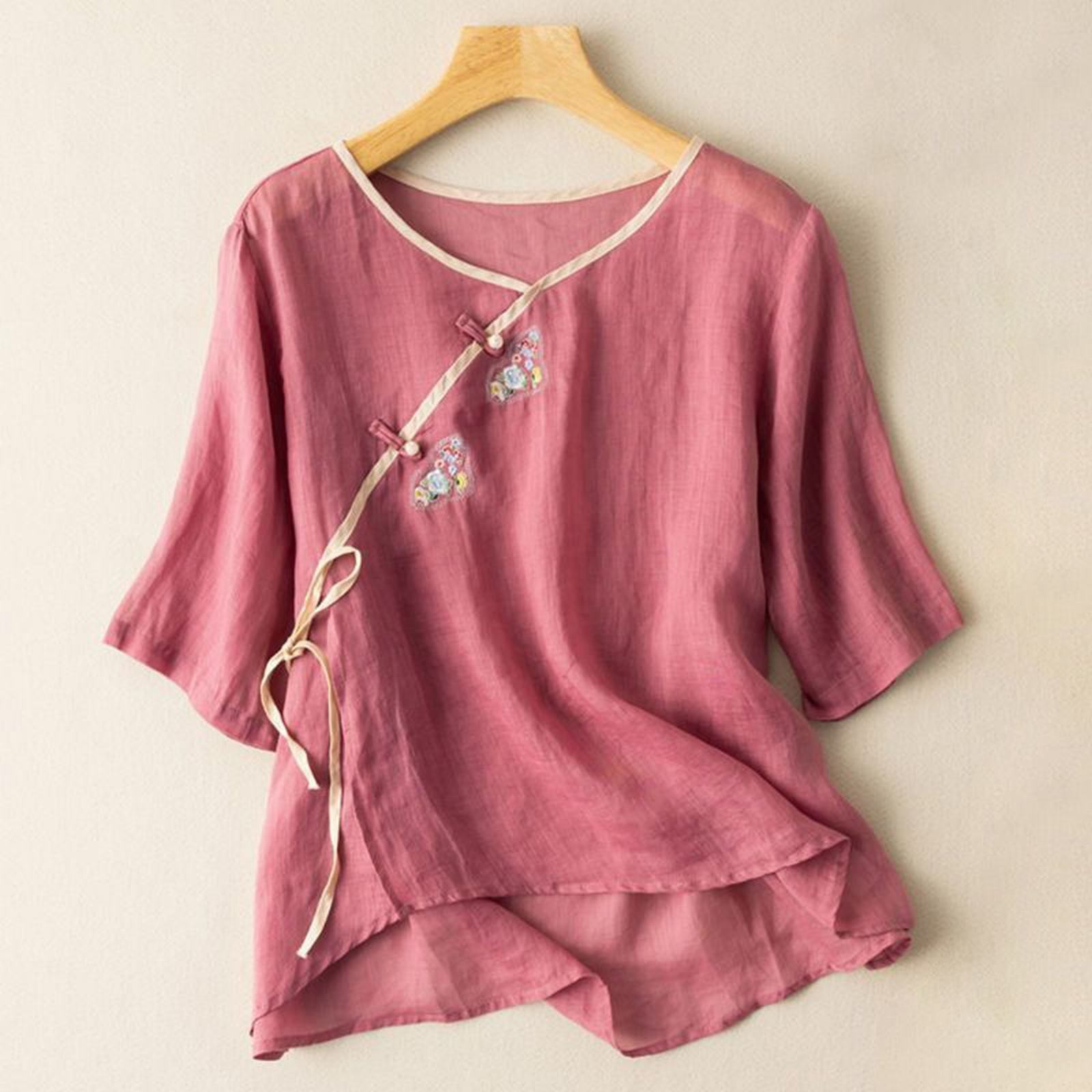 thumbnail image 2 of Camiseta holgada de algodón y lino con cuello en V y mangas 3/4 para mujer - Top informal de color liso con detalles intrincados, tallas M-XXXXL, 2 of 5